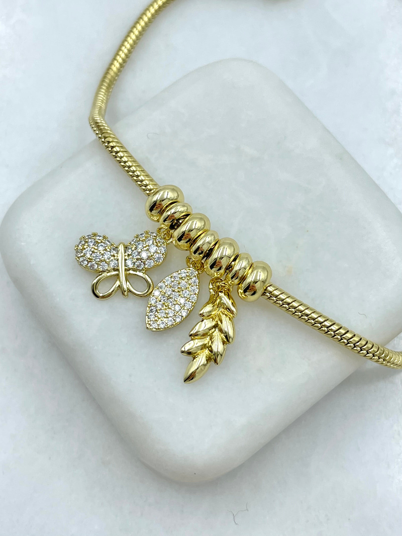 Özel Seri Gömme Taşlı Kelebek ve Yaprak Sallantılı Zincir Bileklik Gold