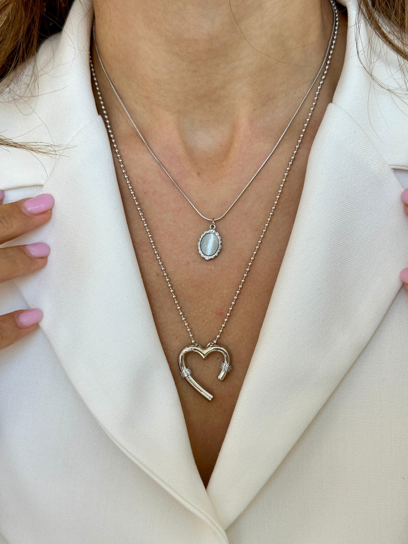 Çelik Opal Taşlı Etnik Desen Kolye Gri-Gümüş