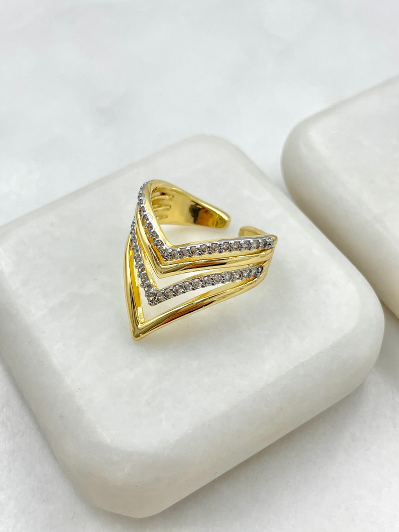 Çift Renk Gömme Taşlı V Model Yüzük Gold