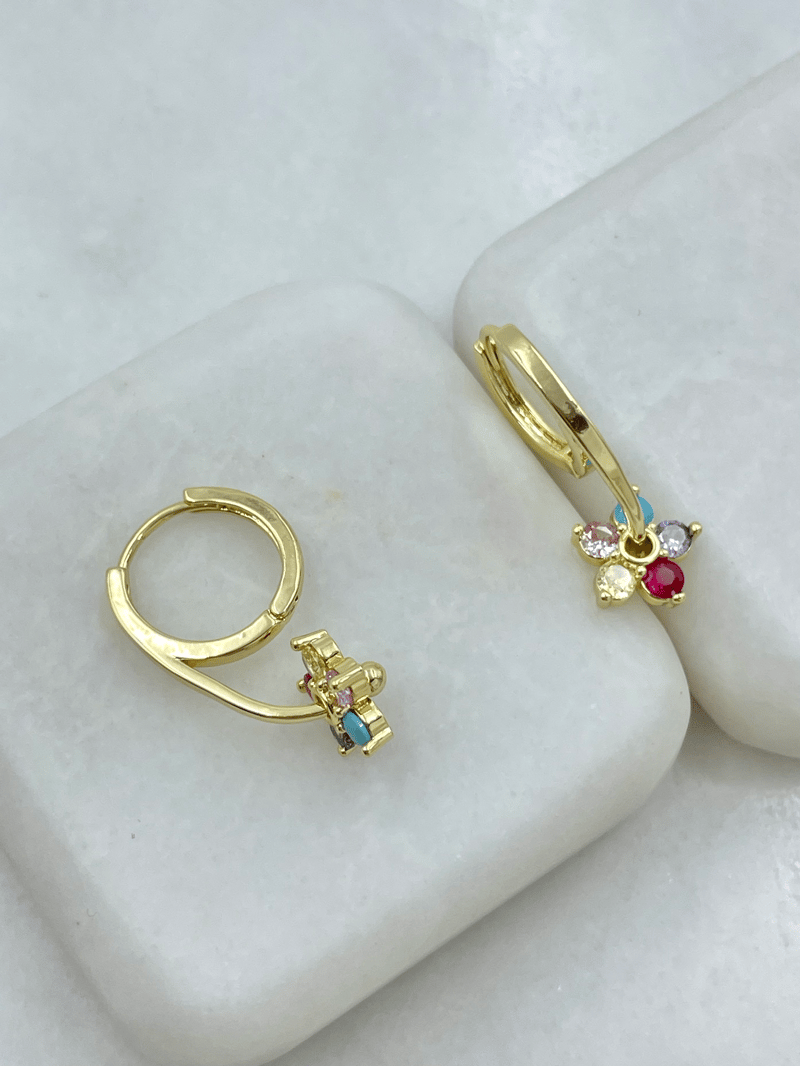 Altın Kaplama Renkli Kristal Taşlı Çiçek Tasarım Küpe Gold