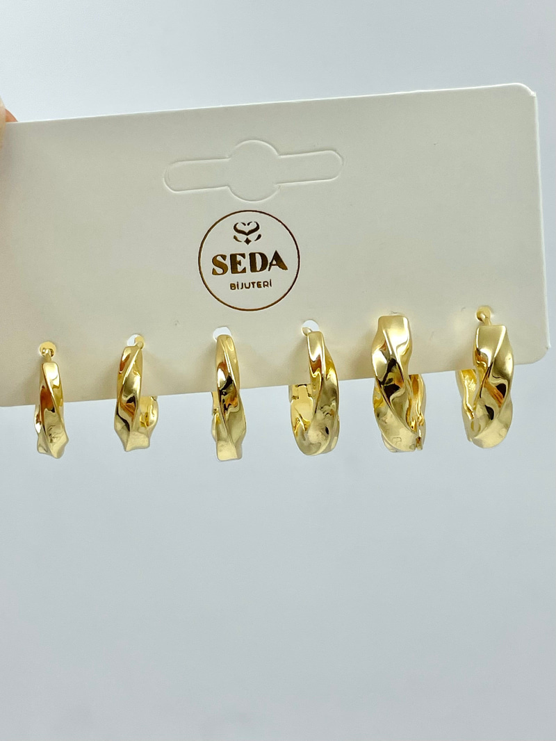Bombe Burgu Altılı Küpe Seti Gold