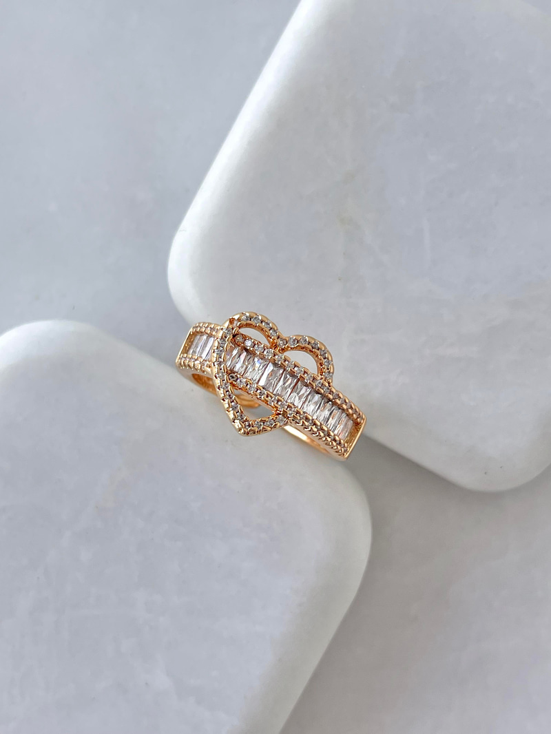 Altın Kaplama Baget Taşlı Kalp Yüzük Gold