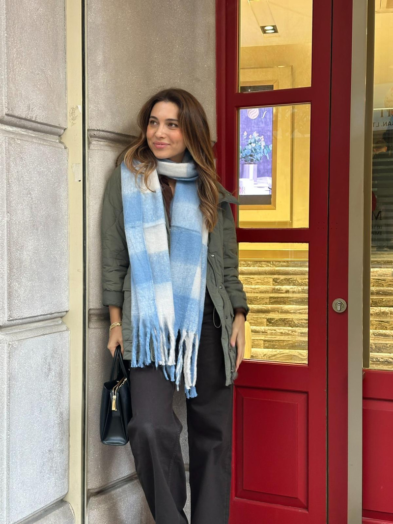 Kare Desenli Püsküllü Şal Mavi