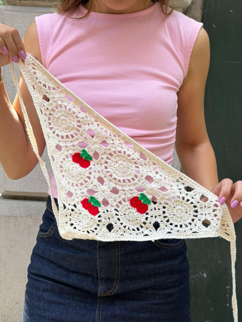 Kiraz Desenli Daire Motifli İpli Bandana Renkli