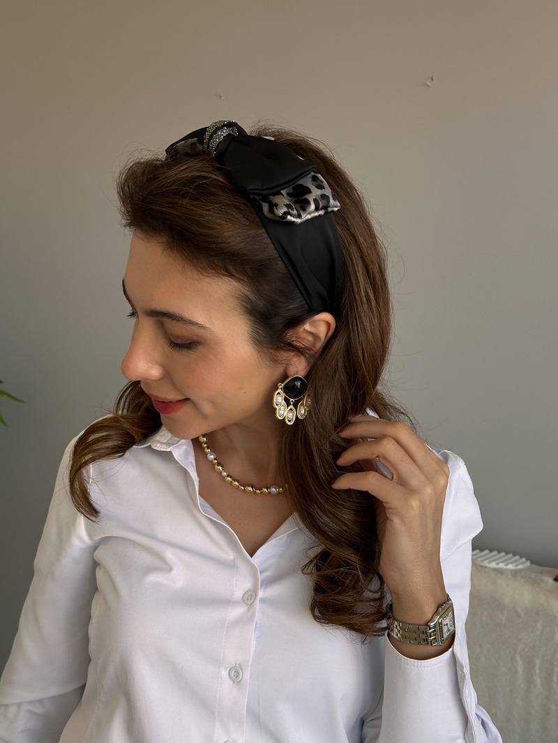 Leopar Desenli Saten Fiyonk Bandana Taç Gri