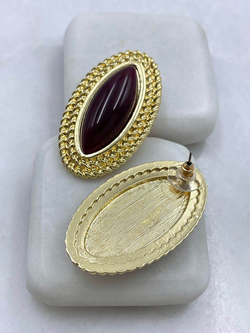 Altın Kaplama Çift Sıra Gold Burgu Detaylı Vintage Küpe Bordo