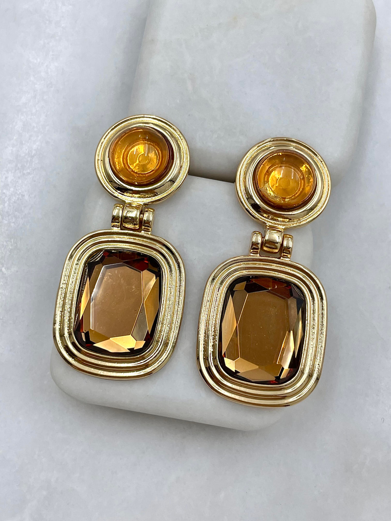 Altın Kaplama Kehribar Taşlı Vintage Küpe Gold