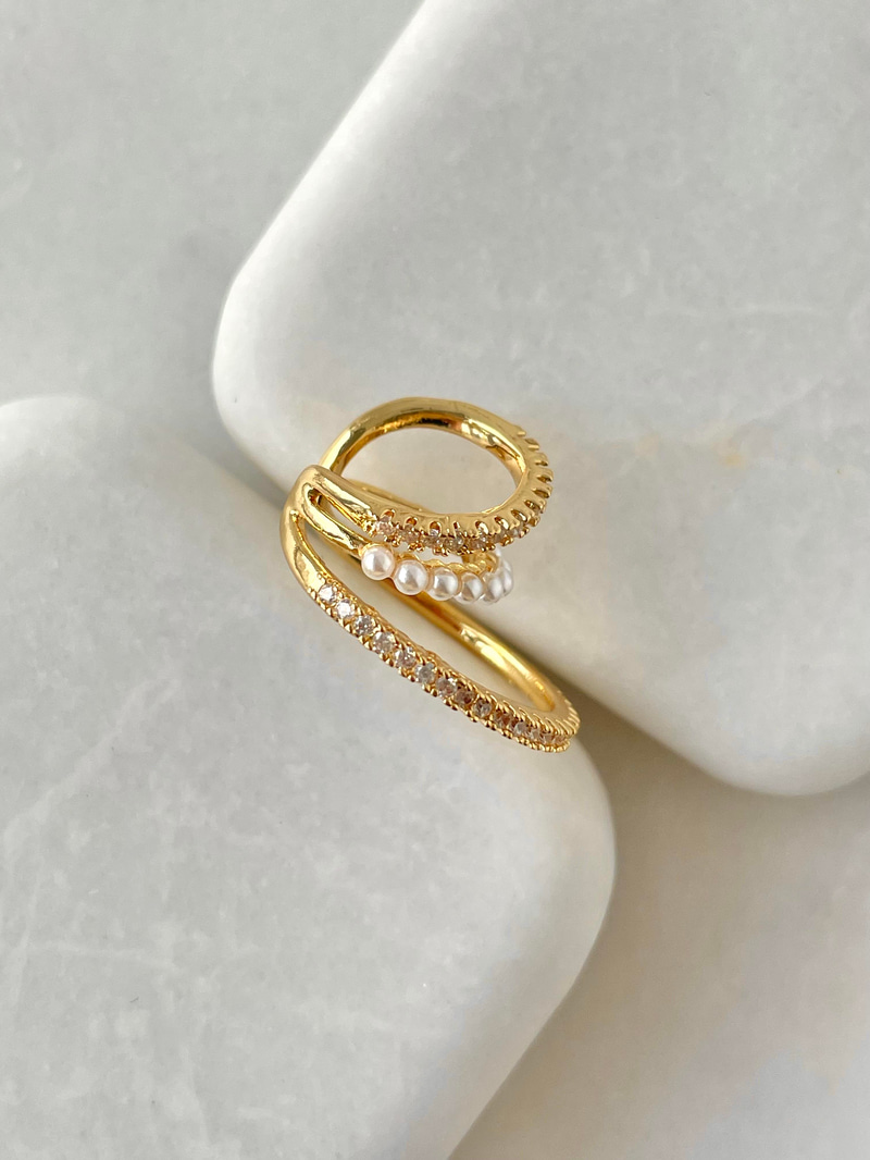 İncili Büyük Küçük Halkalı Kıkırdak Küpe Gold