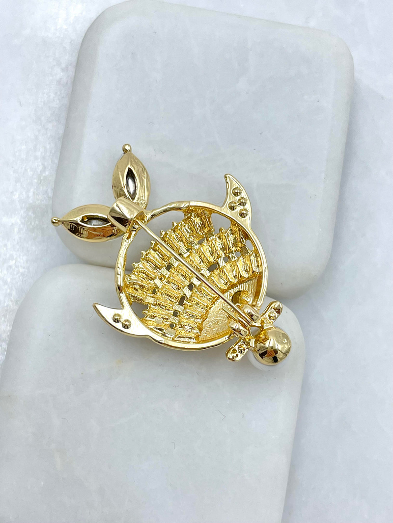 Kristal Taşlı ve İncili Balık Broş Gold