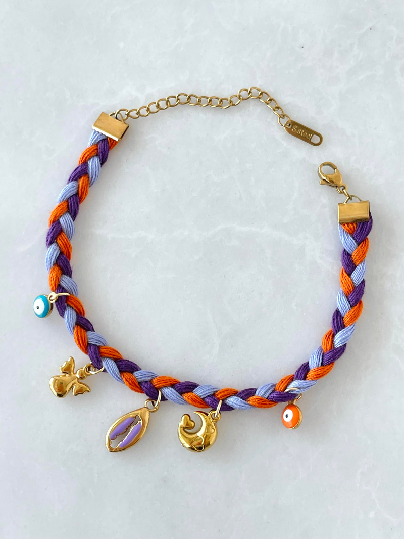 Çelik Charm Sallantılı Mor Örgü İp Bileklik Gold