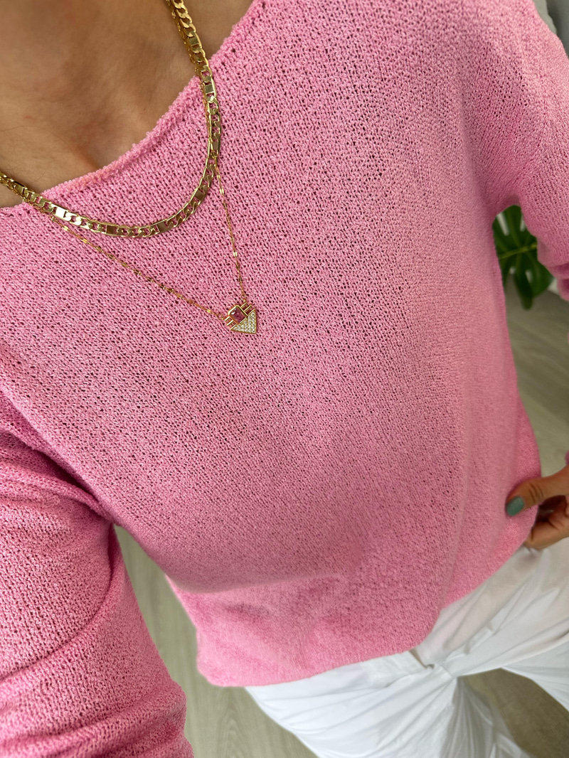 Çelik Gömme ve Kristal Taşlı Üçgen Tasarım Kolye Pembe