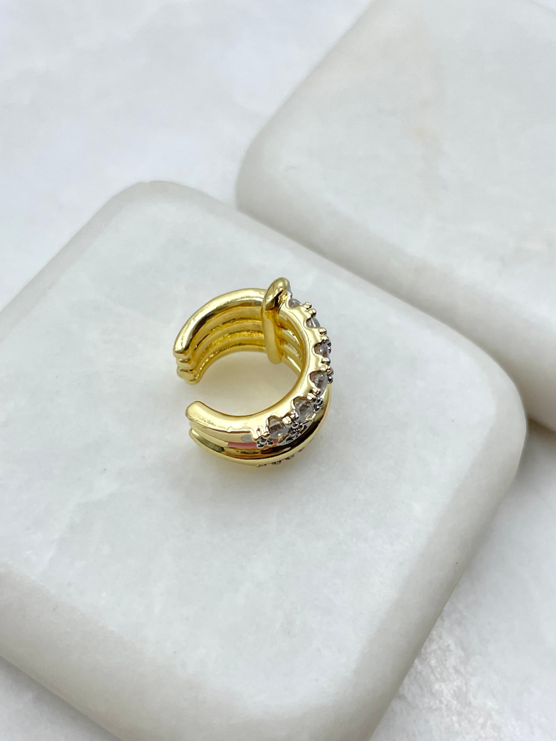 Altın Kaplama Pembe Mineli Kristal Taşlı Dört Sıra Kıkırdak Küpe Gold
