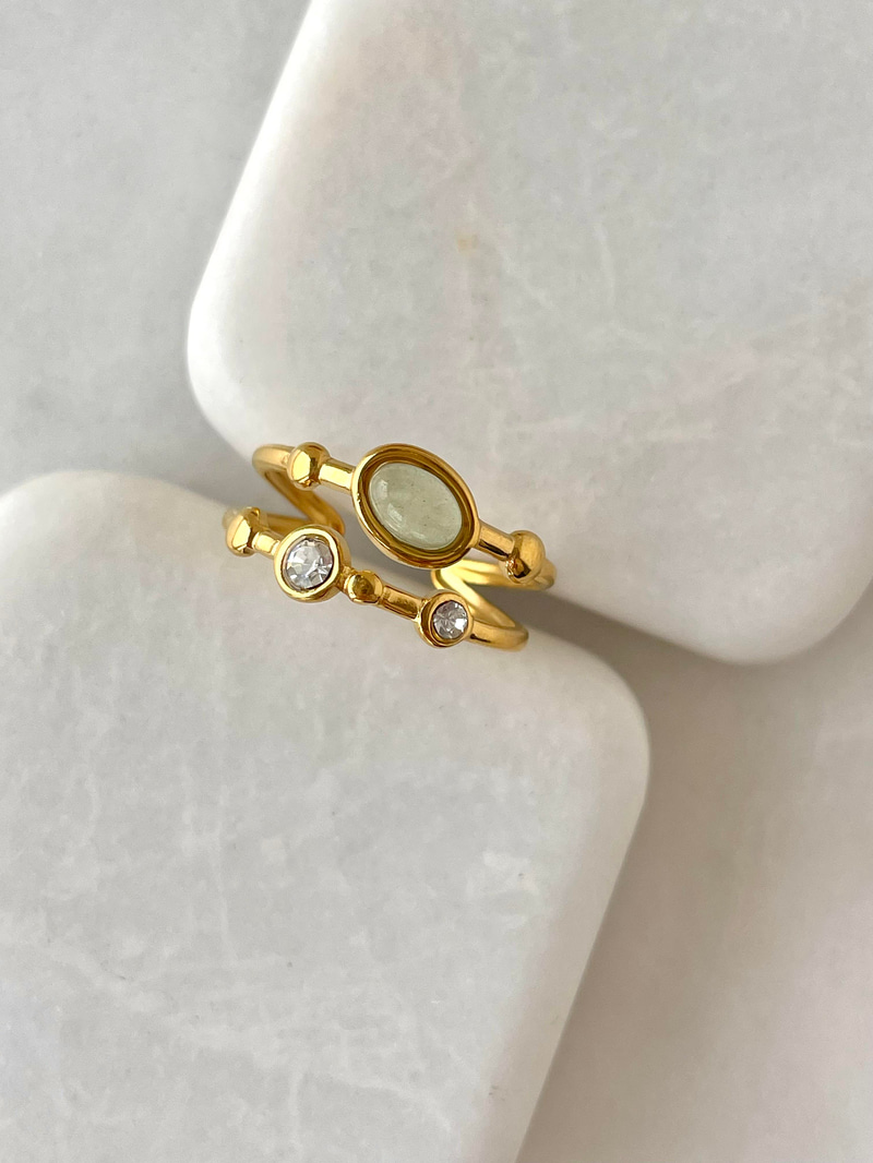 Çelik Opal ve Kristal Taşlı Çift Sıra Yüzük Yeşil