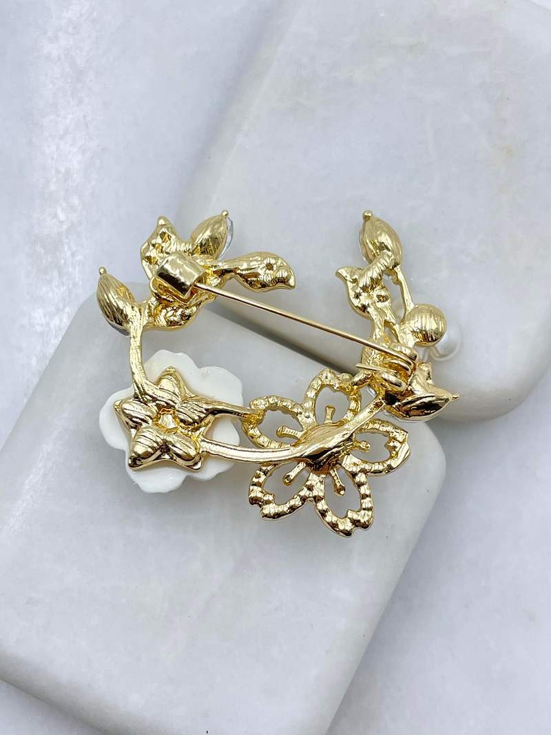 İncili Çiçek Yaprak Broş Gold