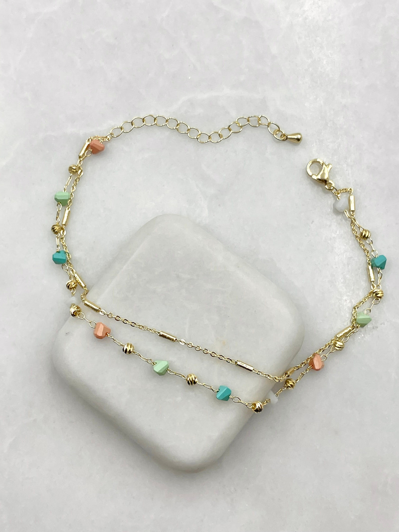 Dorika ve Pastel Taşlı Çift Sıra Halhal Gold