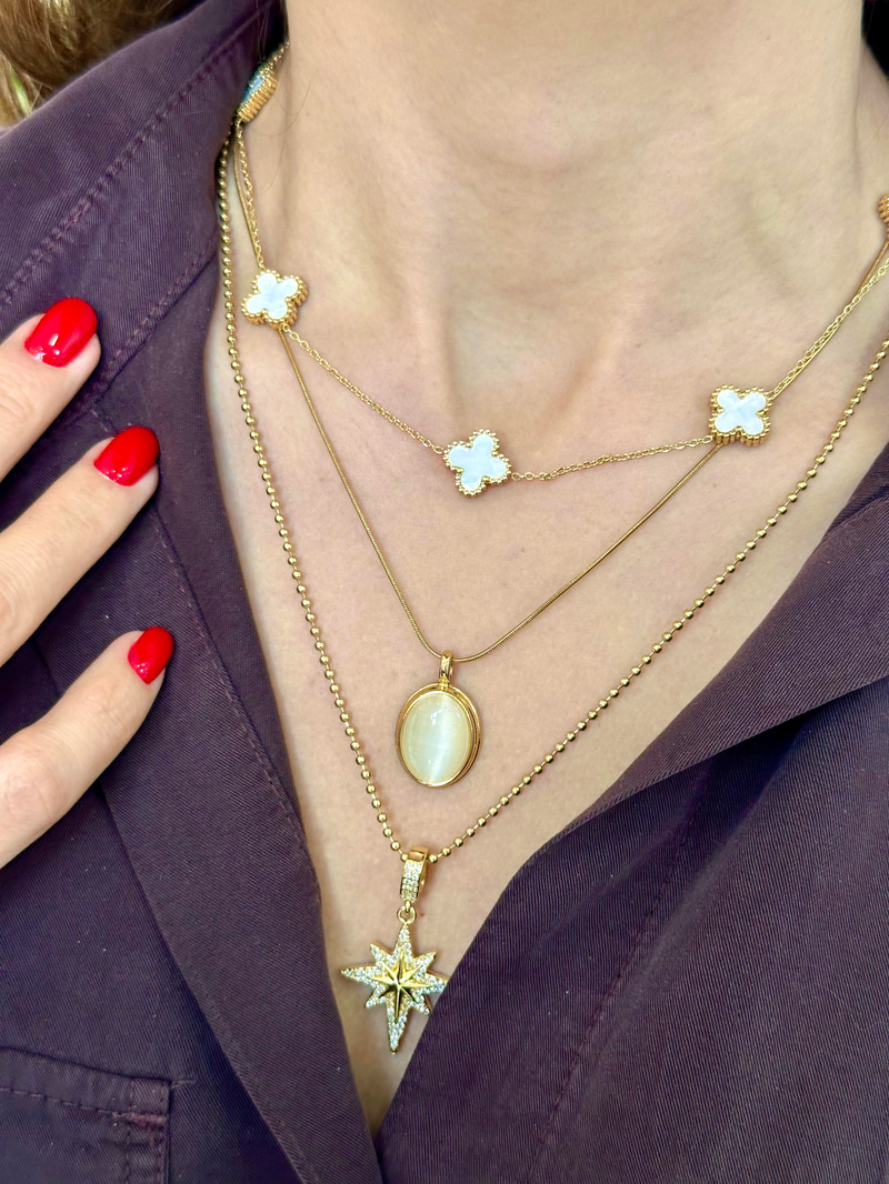 Çelik Oval Opal Taşlı Kolye Vizon