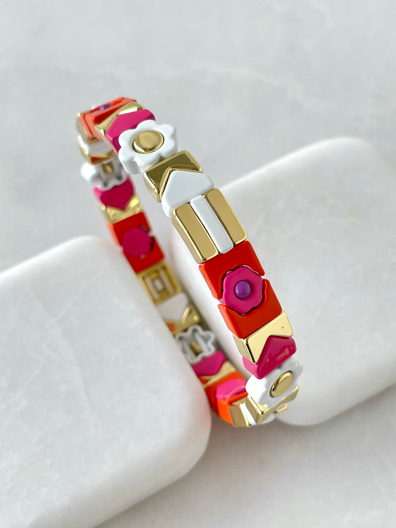 Gold Detaylı Çiçek Model Porselen Lastik Bileklik Turuncu