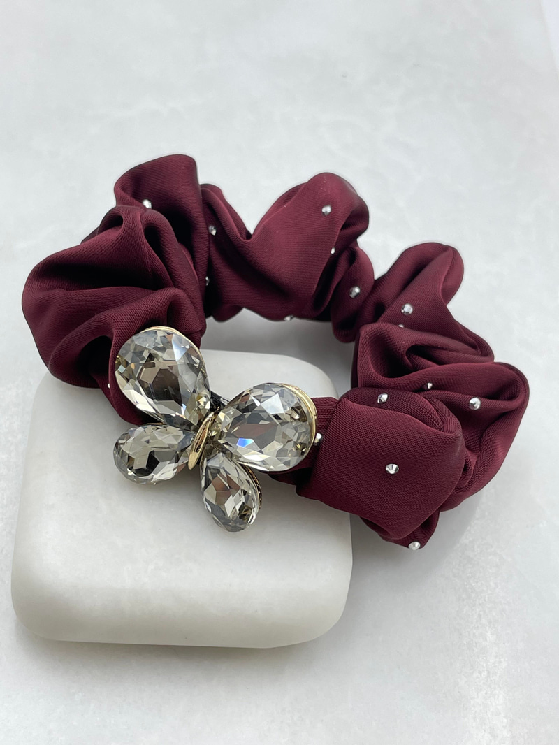 Kristal Kelebekli Premium Scrunchie Toka Bordo