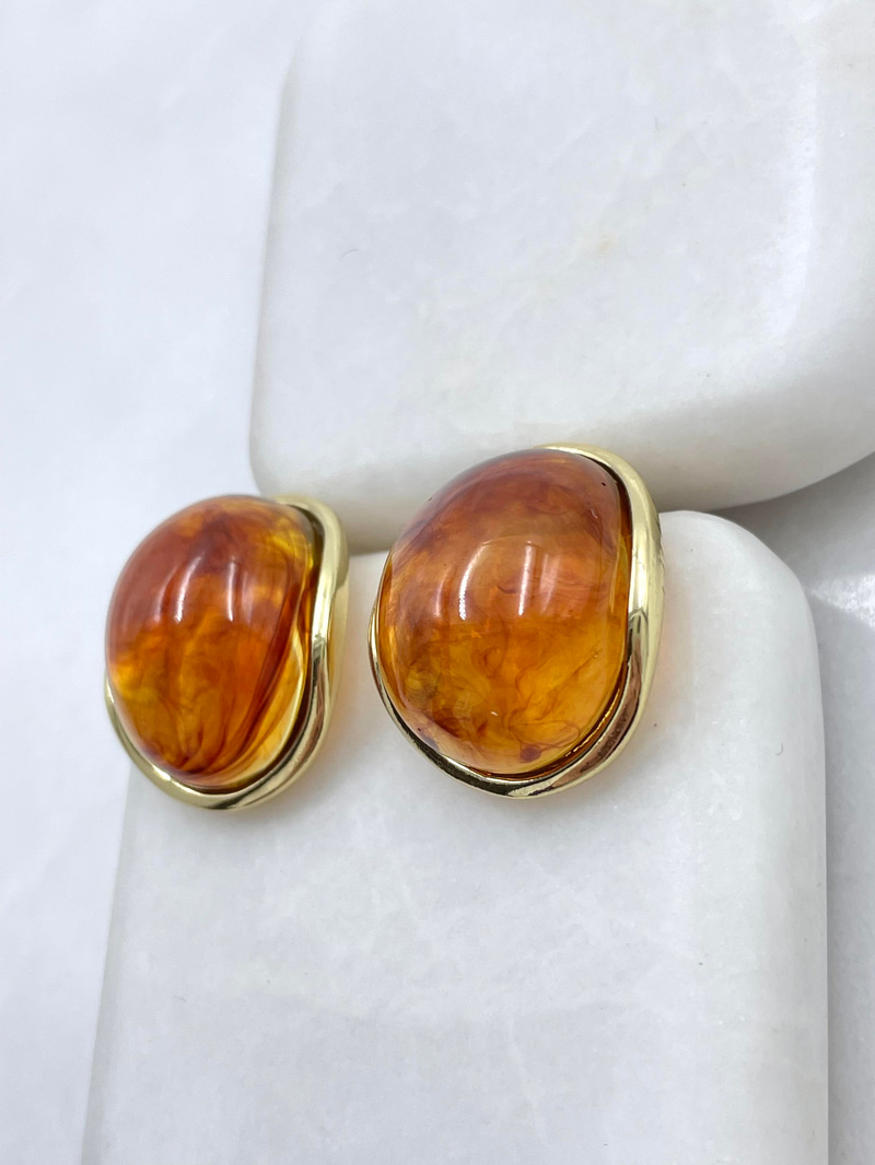 Altın Kaplama Gold Detaylı Oval Kehribar Küpe Gold