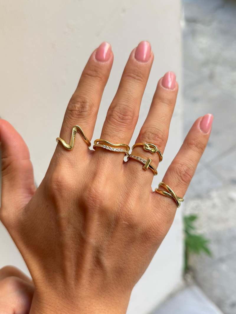 Kristal Taşlı İkili Dalga Model Yüzük Gold