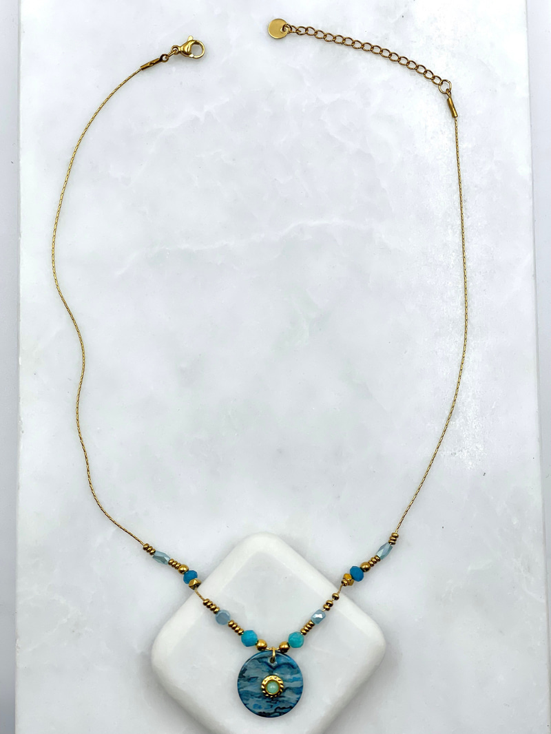Mavi Doğal Taşlı Boncuklu Vintage Kolye Gold