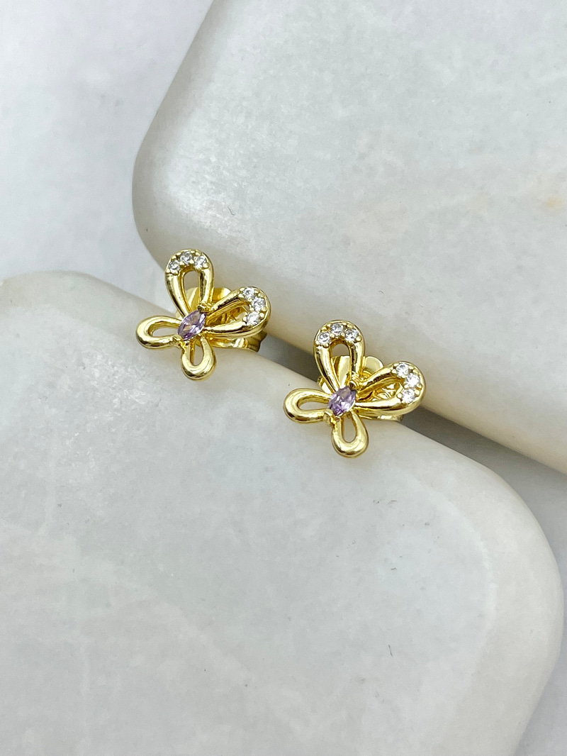 Özel Seri Minimal Lila Taşlı Kelebek Küpe Gold