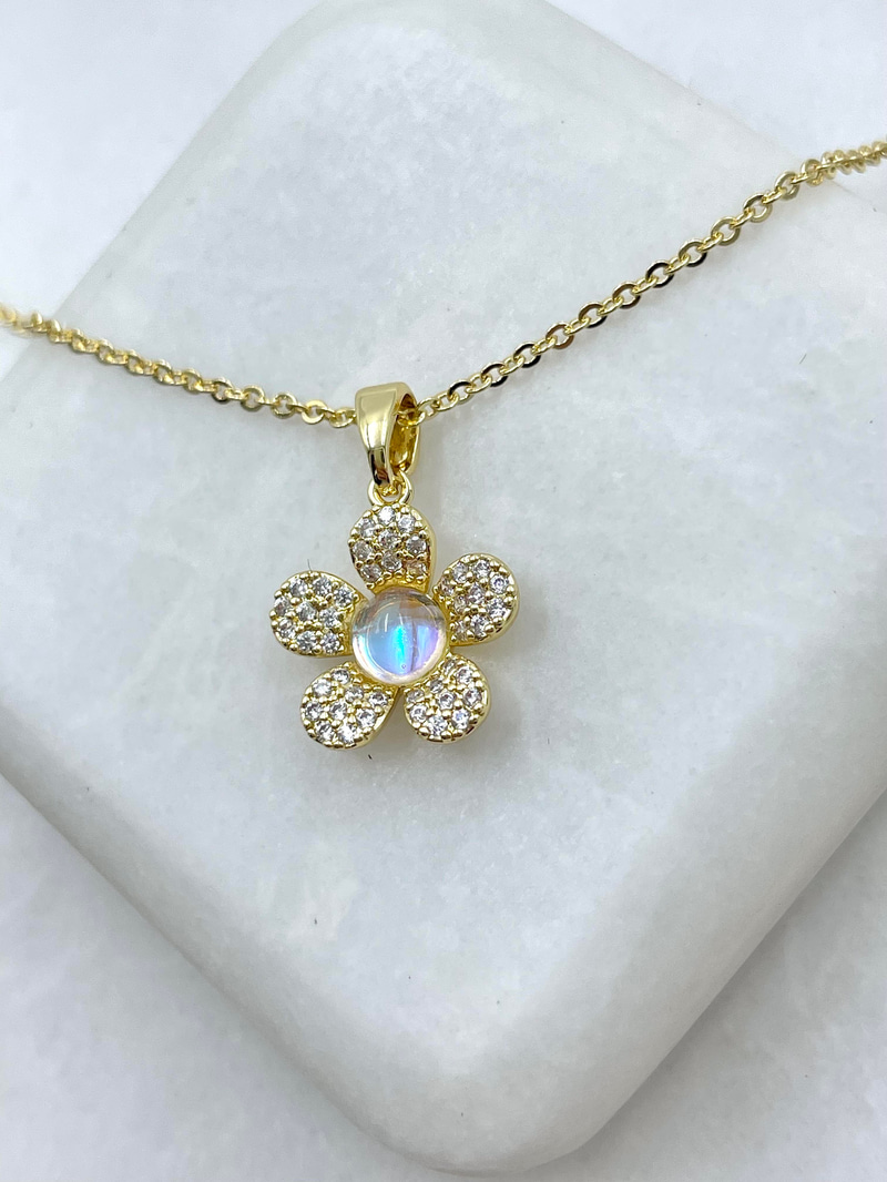 Altın Kaplama Opal Taşlı Minimal Çiçek Kolye 45 cm Gold
