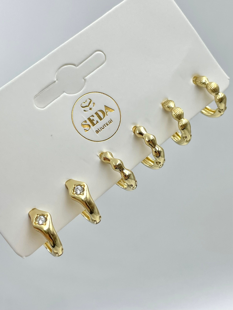 Özel Seri Altılı Kemik Model Set Küpe Gold