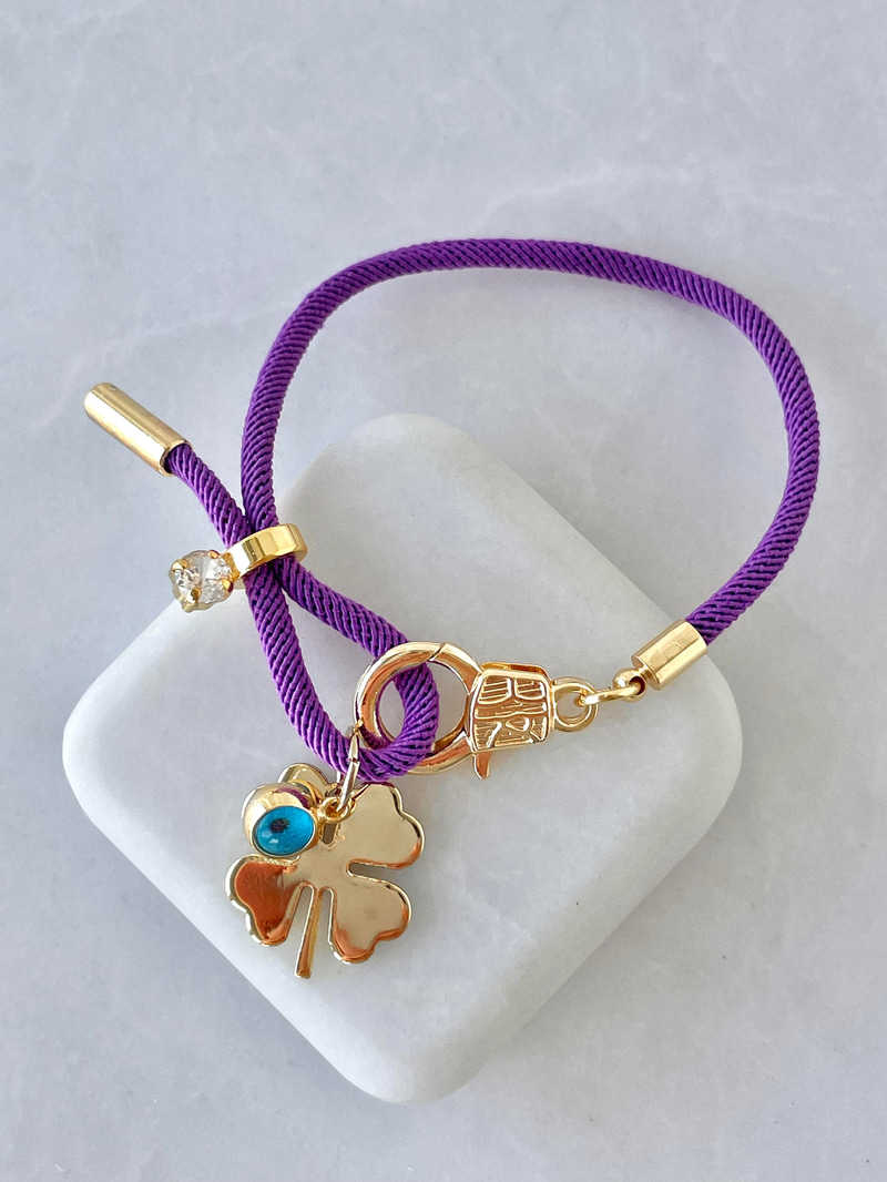 Altın Kaplama Taşlı Nazar Boncuklu Yonca Bileklik Mor