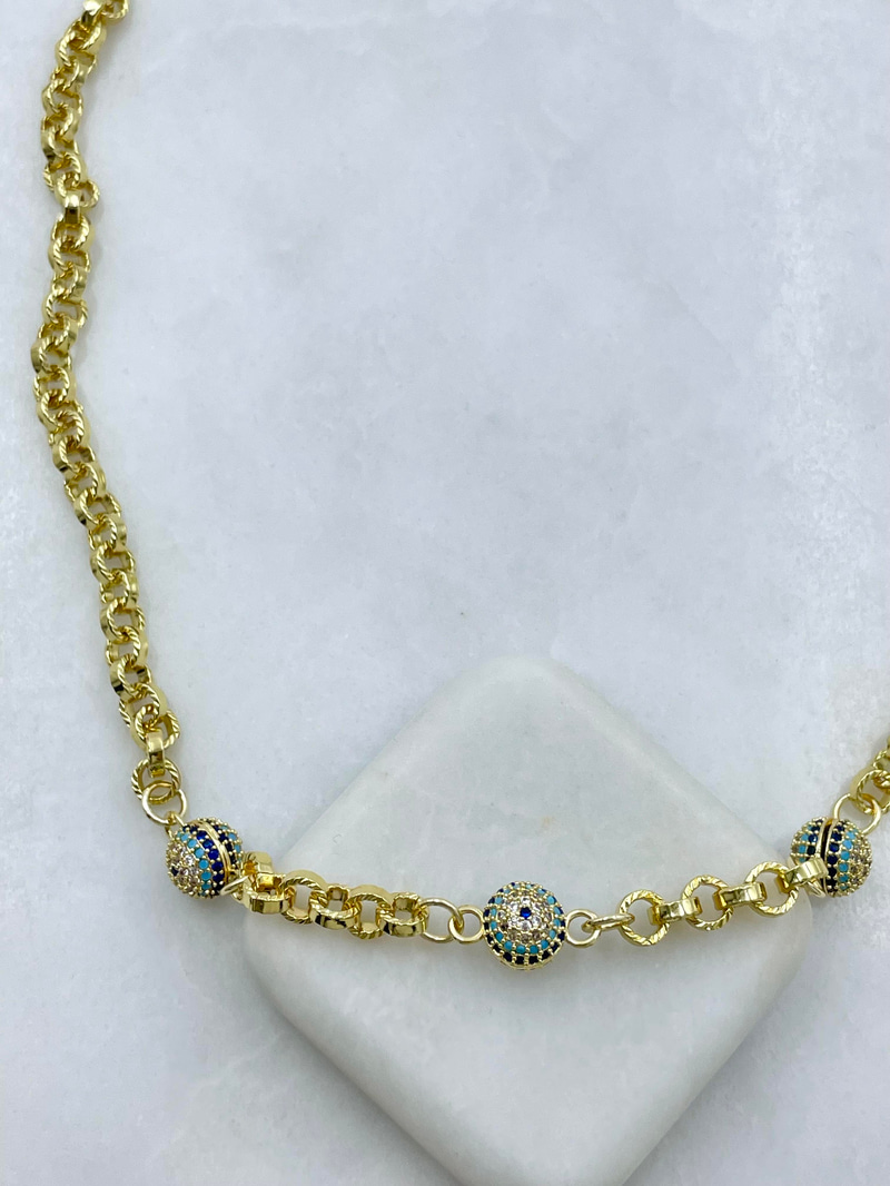 Altın Kaplama Üçlü Nazar Model Zincir Kolye Gold
