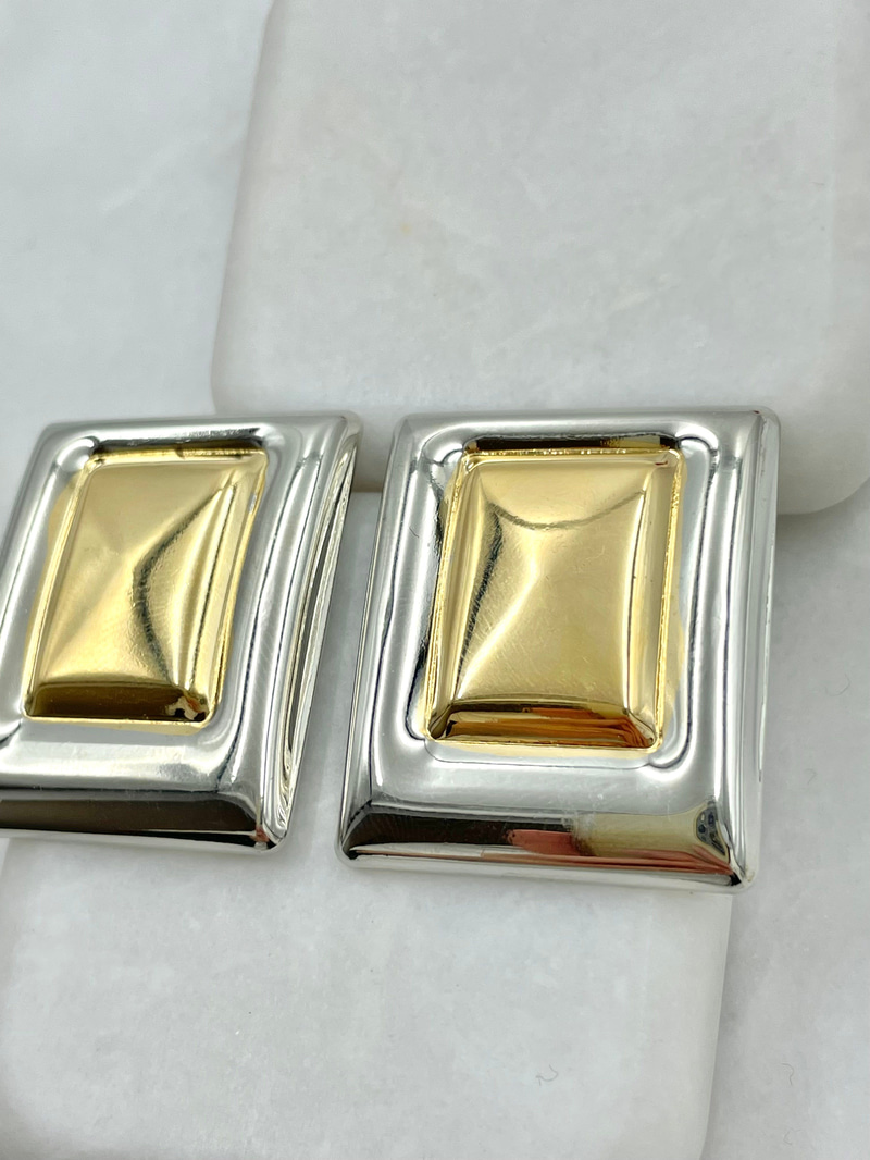 Altın Kaplama Çift Renk Dikdörtgen Küpe Gümüş