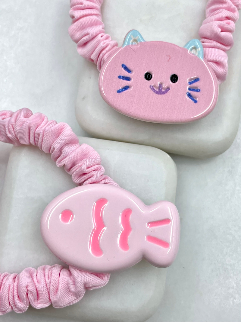 Kedi ve Balık İkili Scrunchie Toka Pembe