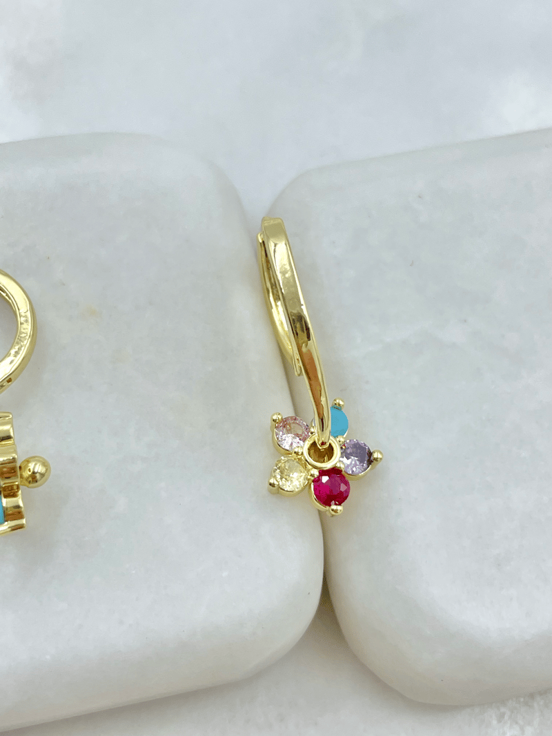 Altın Kaplama Renkli Kristal Taşlı Çiçek Tasarım Küpe Gold