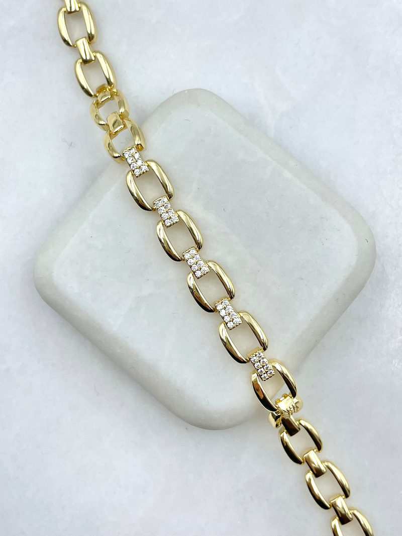Gömme Taşlı Zincir Model Birleşim Bileklik Gold