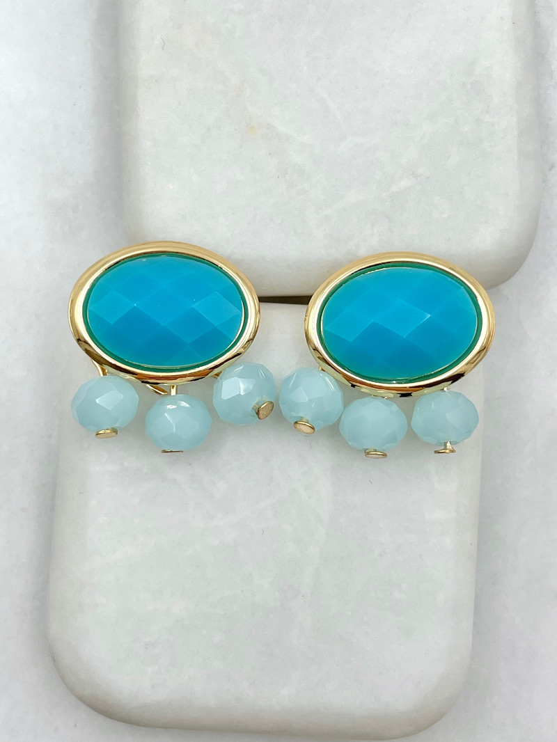 Kristal Boncuk Sallantılı Oval Küpe Mavi