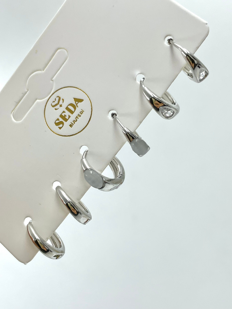Opal ve Kristal Taşlı Halka Model Altılı Set Küpe Gümüş