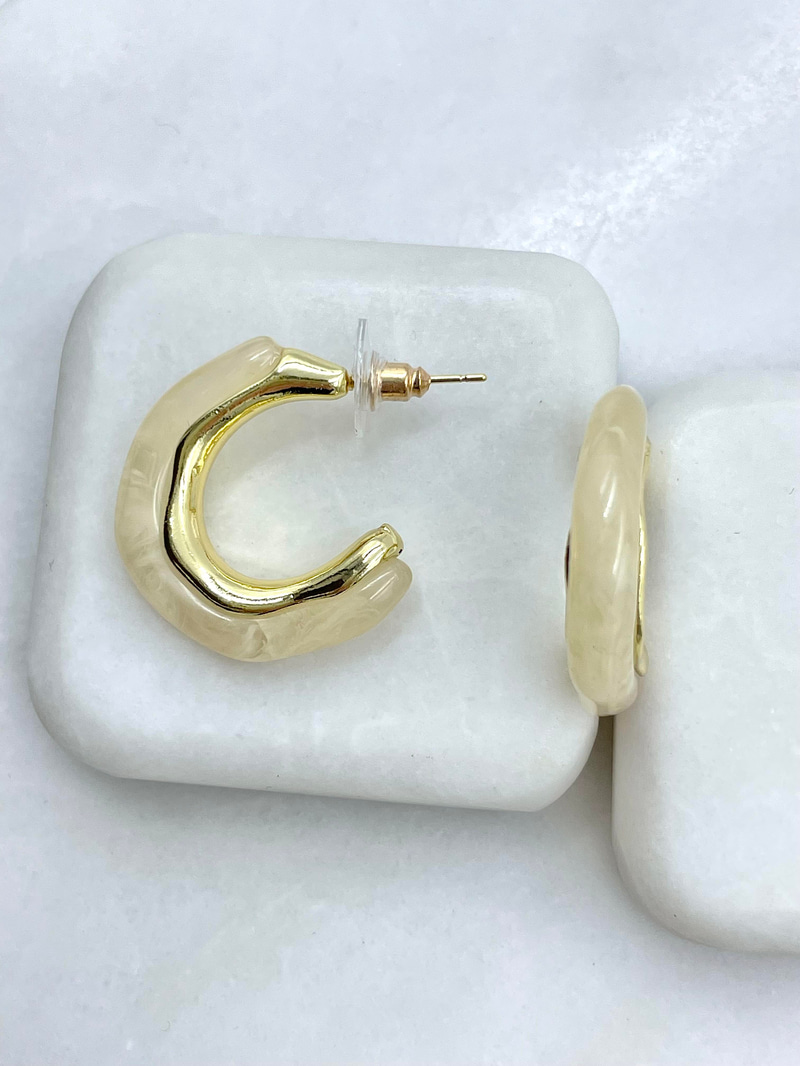 Altın Kaplama Gold Detaylı Halka Vintage Küpe Ekru