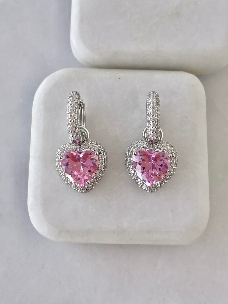Altın Kaplama Gömme Taşlı Charmlı Kristal Kalp Küpe Pembe