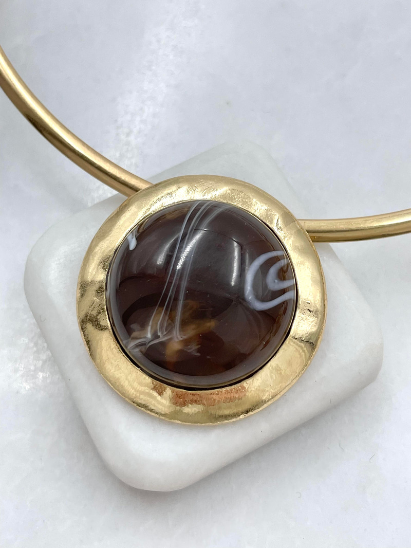 Altın Kaplama Doğal Taşlı Vintage Choker Kolye Kahve