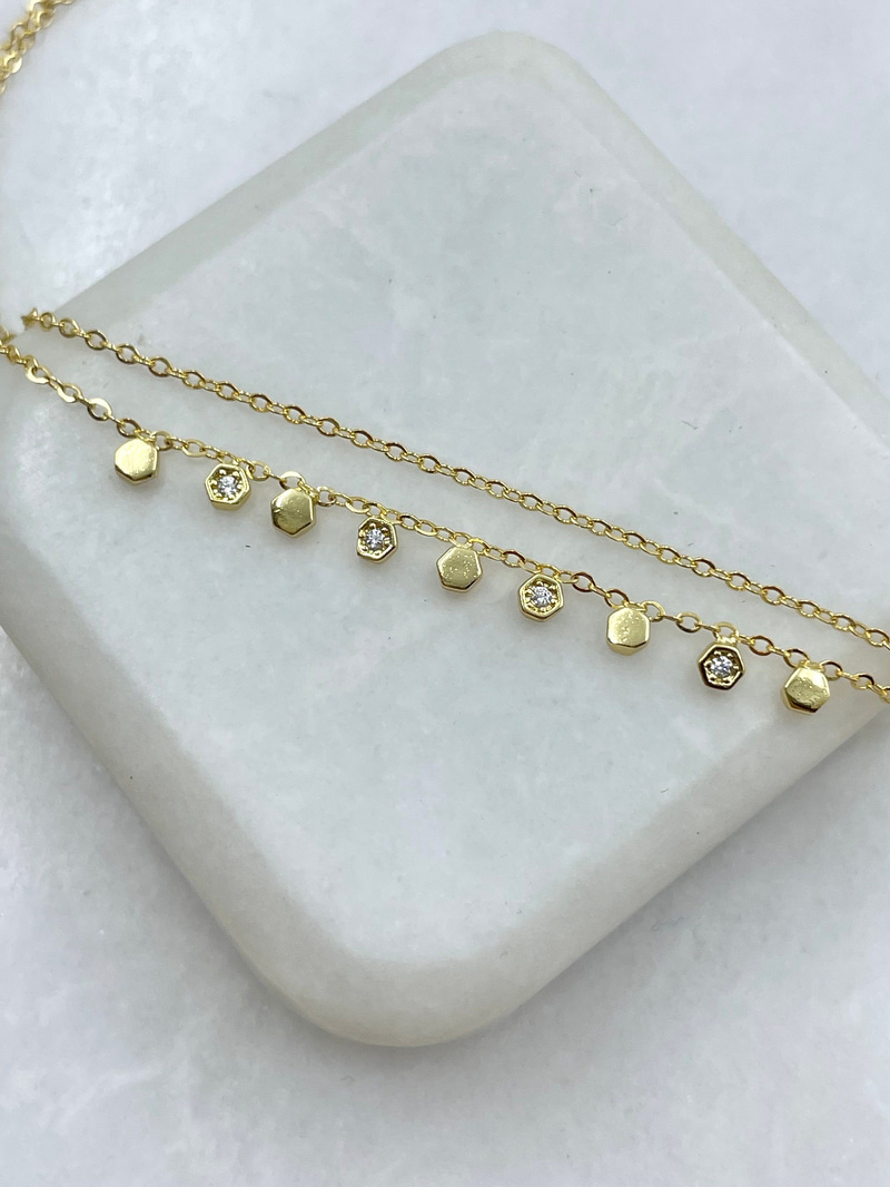 Petek Sallantılı Çift Zincir Halhal Gold
