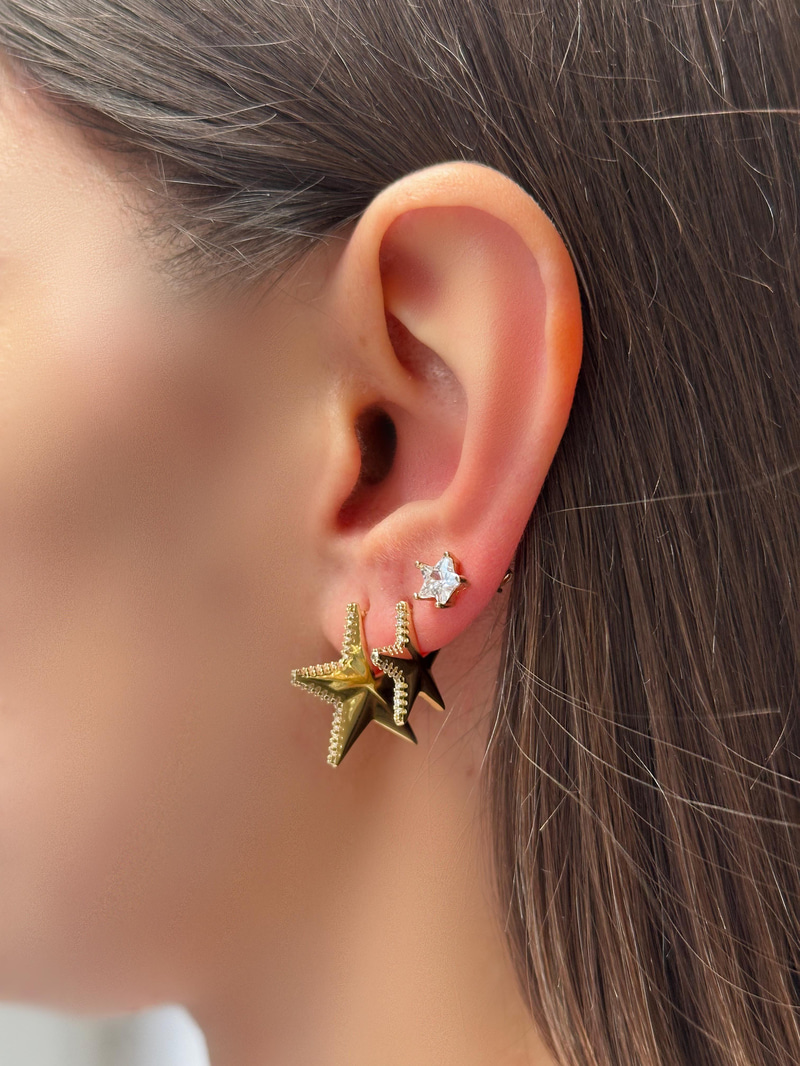 Özel Seri Kristal Taşlı Yıldız Küpe 0.7 mm Gold