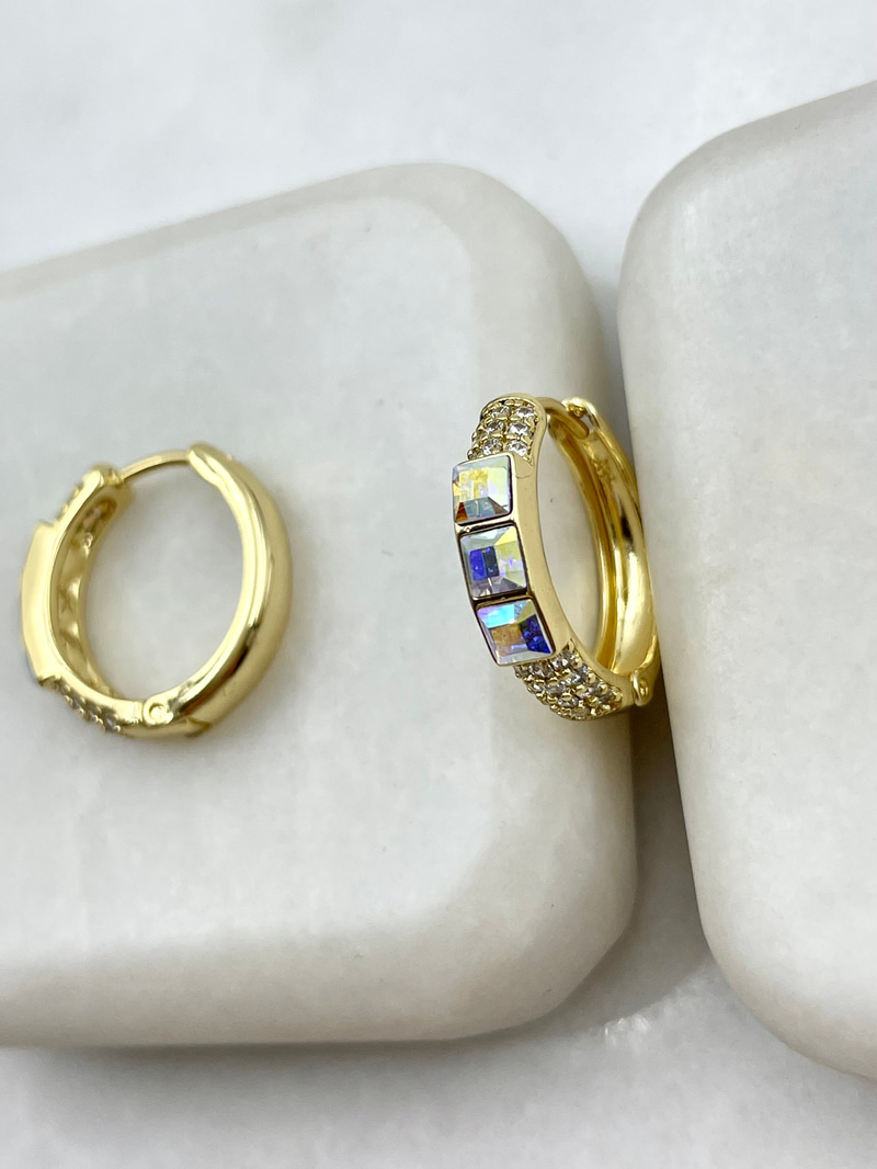 Özel Seri Üçlü Swarovski Taşlı Halka Küpe Gold