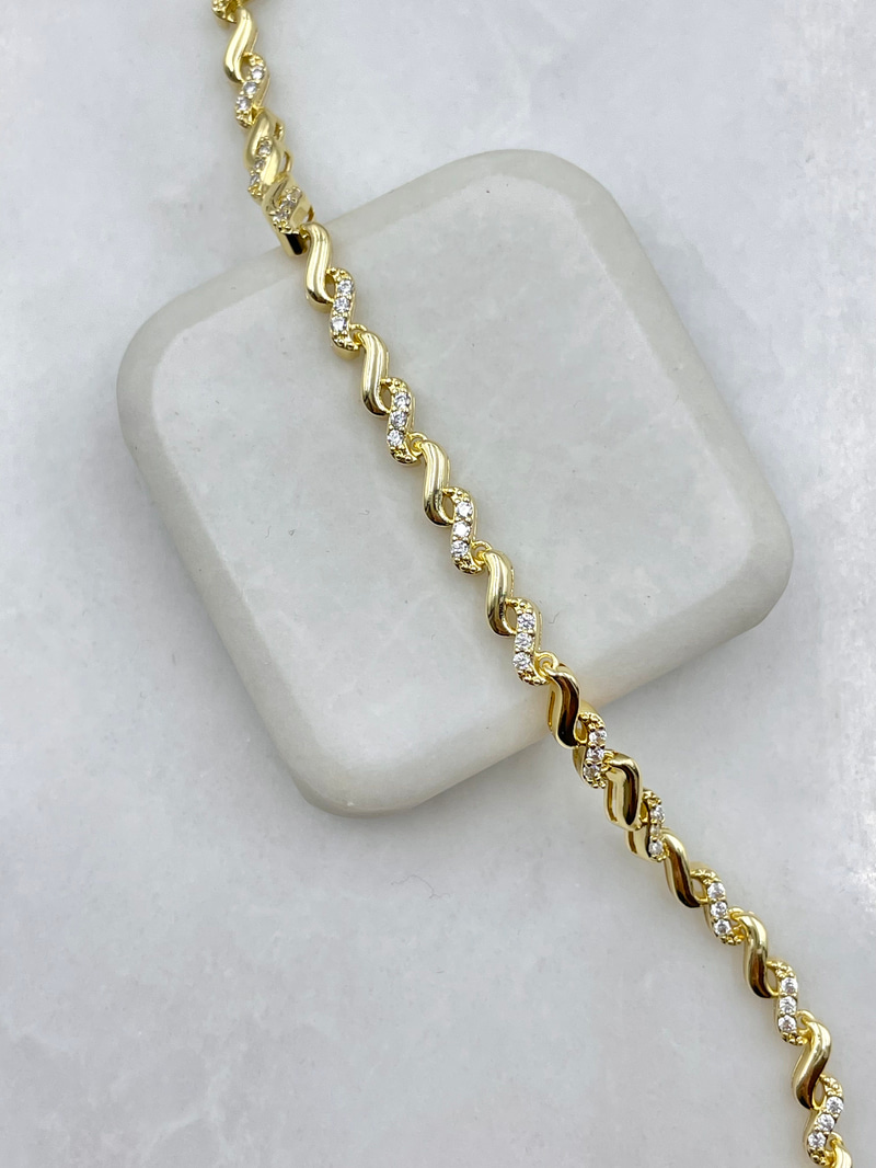 Gömme Taşlı Dalga Model Bileklik Gold
