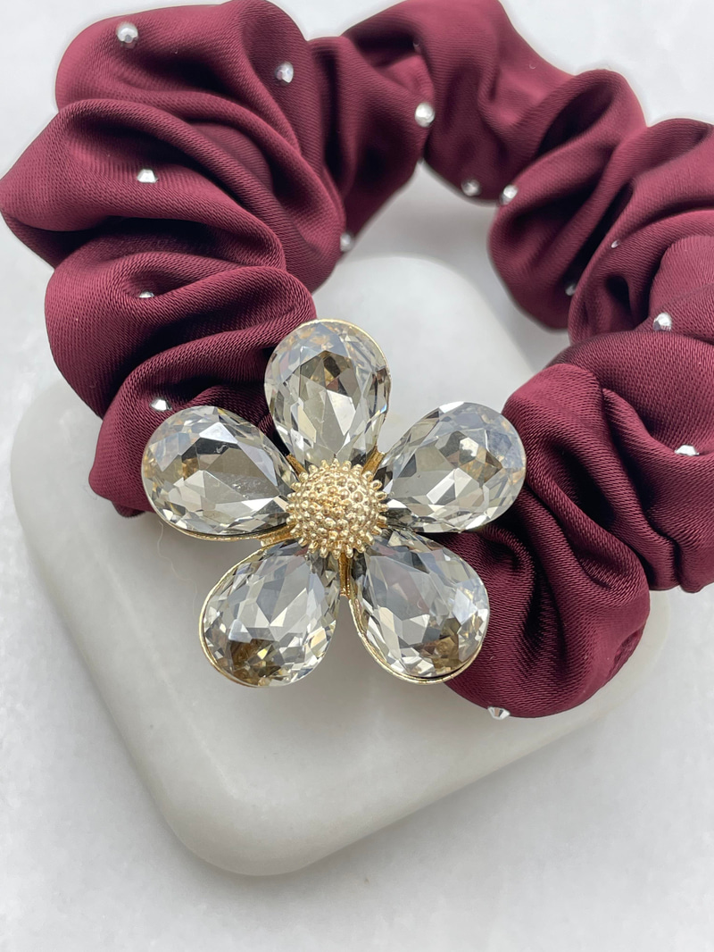 Kristal Çiçekli Premium Scrunchie Toka Bordo