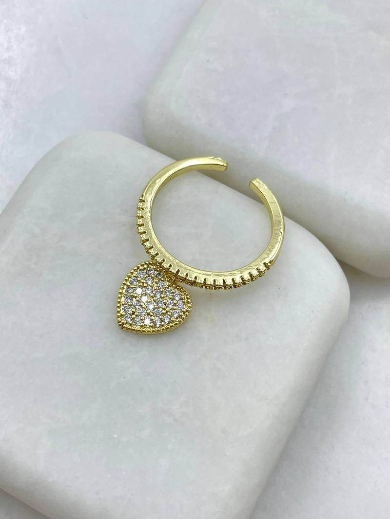 Altın Kaplama Gömme Taşlı Kalp Sallantılı Yüzük Gold