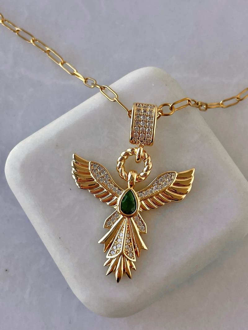 Çelik Yeşil Taşlı Anka Kuşu Kolye Gold