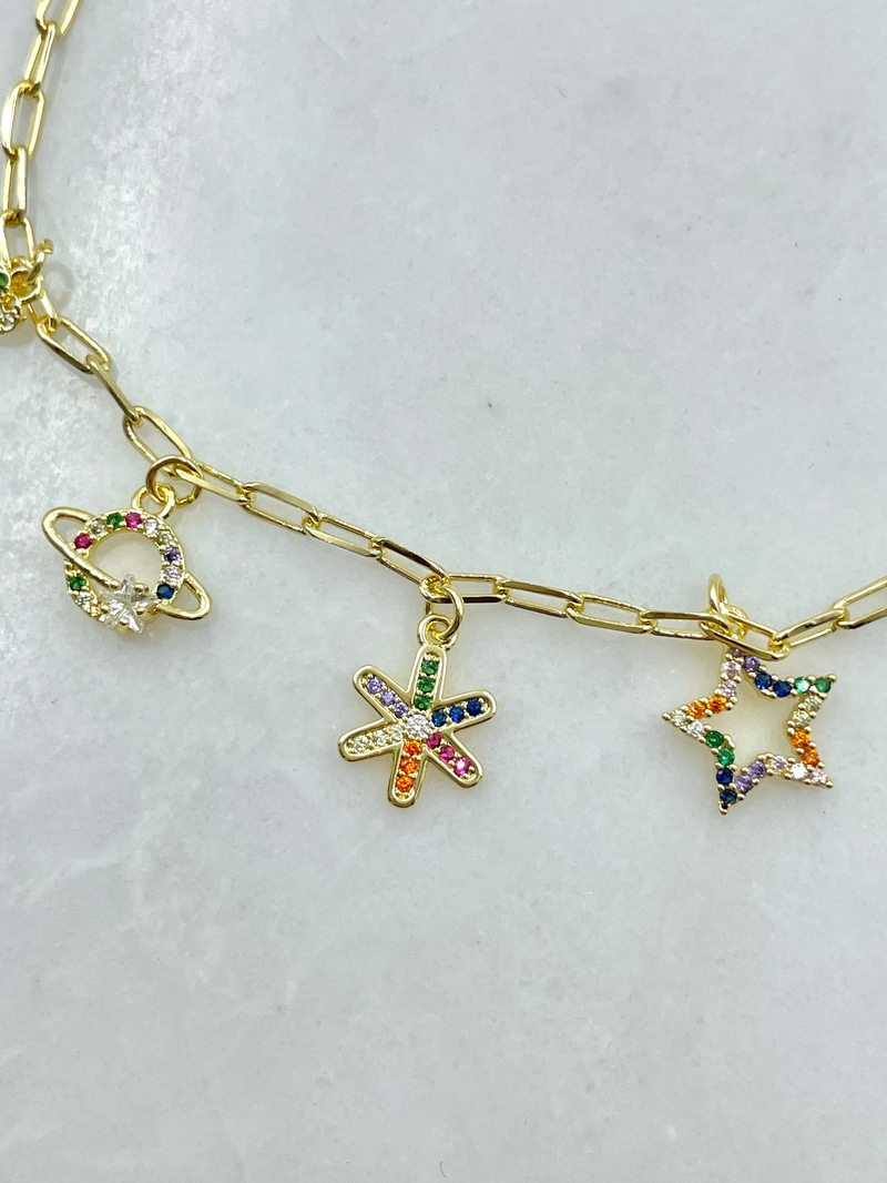 Renkli Kristal Taşlı Yıldız Sallantılı Halhal Gold