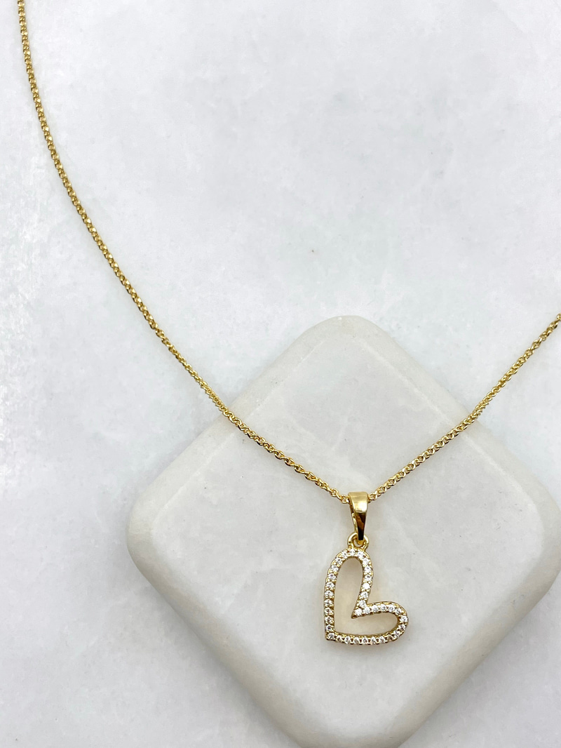 Özel Seri Minimal Gömme Taşlı Kalp Kolye 45 cm Gold