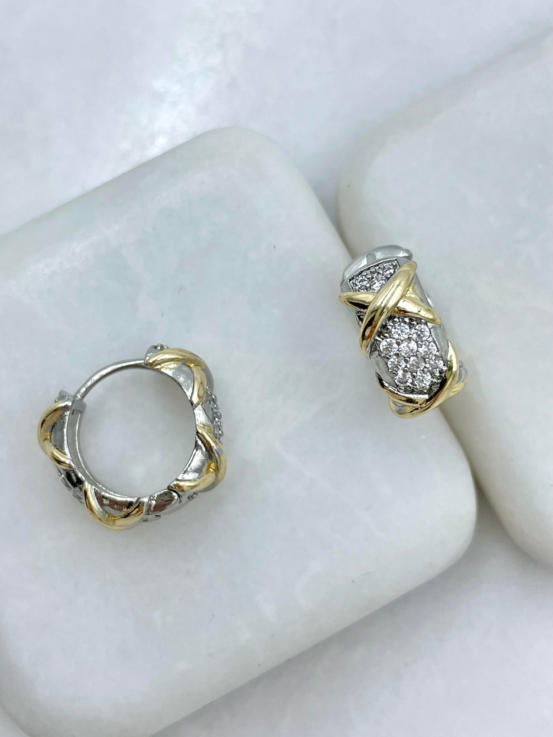 Altın Kaplama X Model Zirkon Taşlı Bombe Halka Küpe Gold