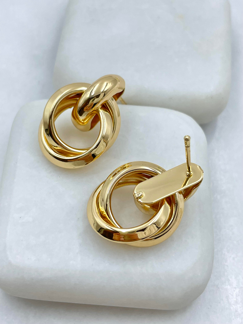 Altın Kaplama İçi Boş Çift Halka Vintage Küpe Gold